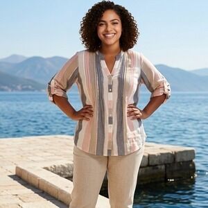 Club Z‎ Collection Womens 2X Striped Metallic Button Front Roll Tab Sleeve Top